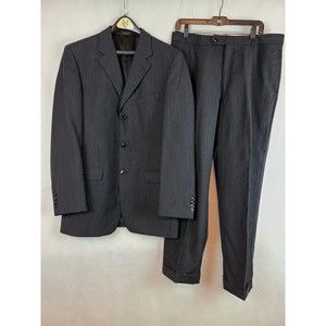 Jones New York  Men's (40L, 36 x 30) Black Pinstripe 3 Button 100% Wool Suit